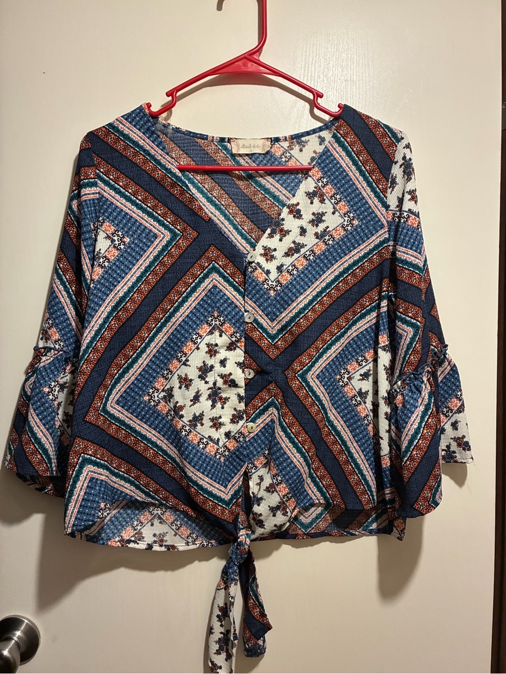 Altar'd State Navy Blue Multicolor Geometric Tie-Front Blouse